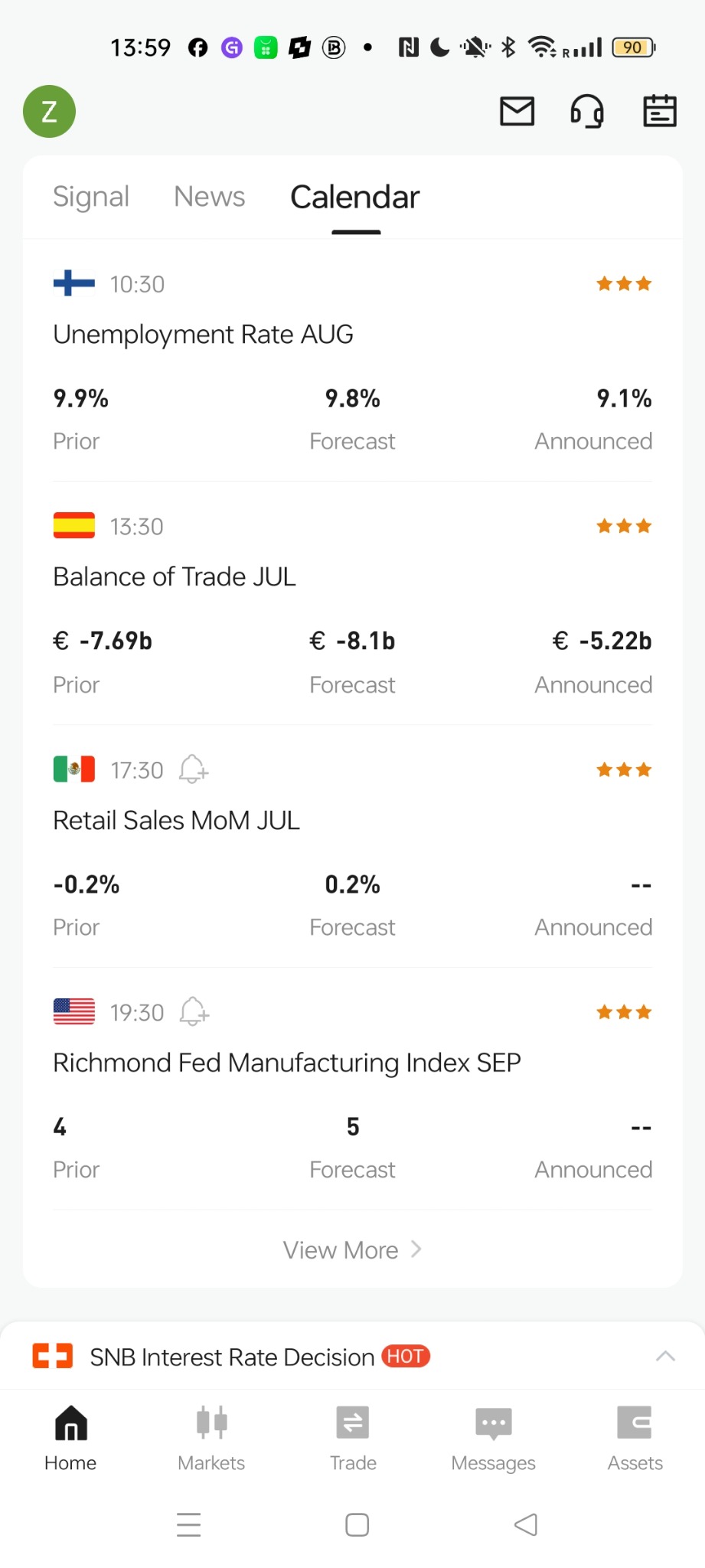TW Broker economic calendar screen